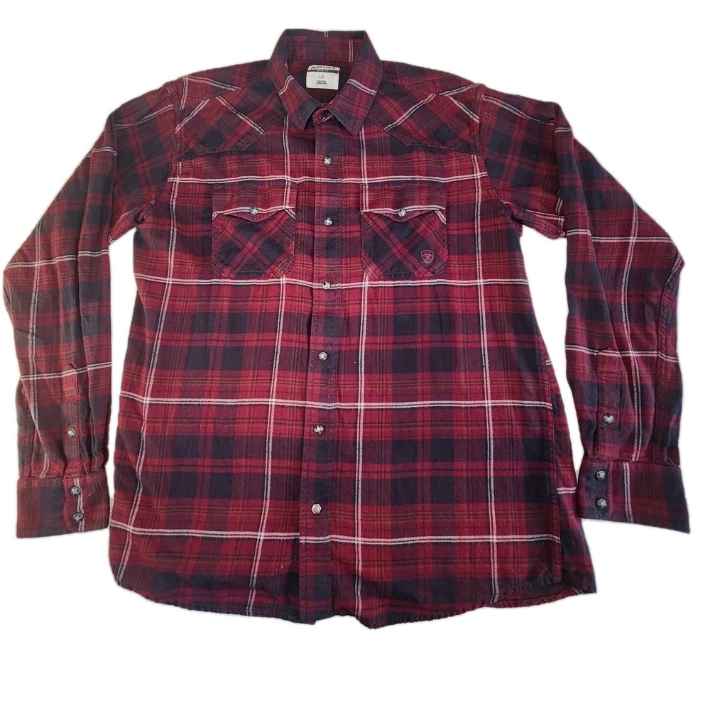 ARIAT Retro Fit Pearl Snap Shirt Mens Large Red Plaid Cotton Flannel Long Sleeve